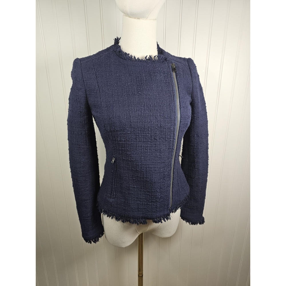 J. Crew Tweed Motorcycle Jacket with Fringe Navy Blue Moto Boucle Sz 00
